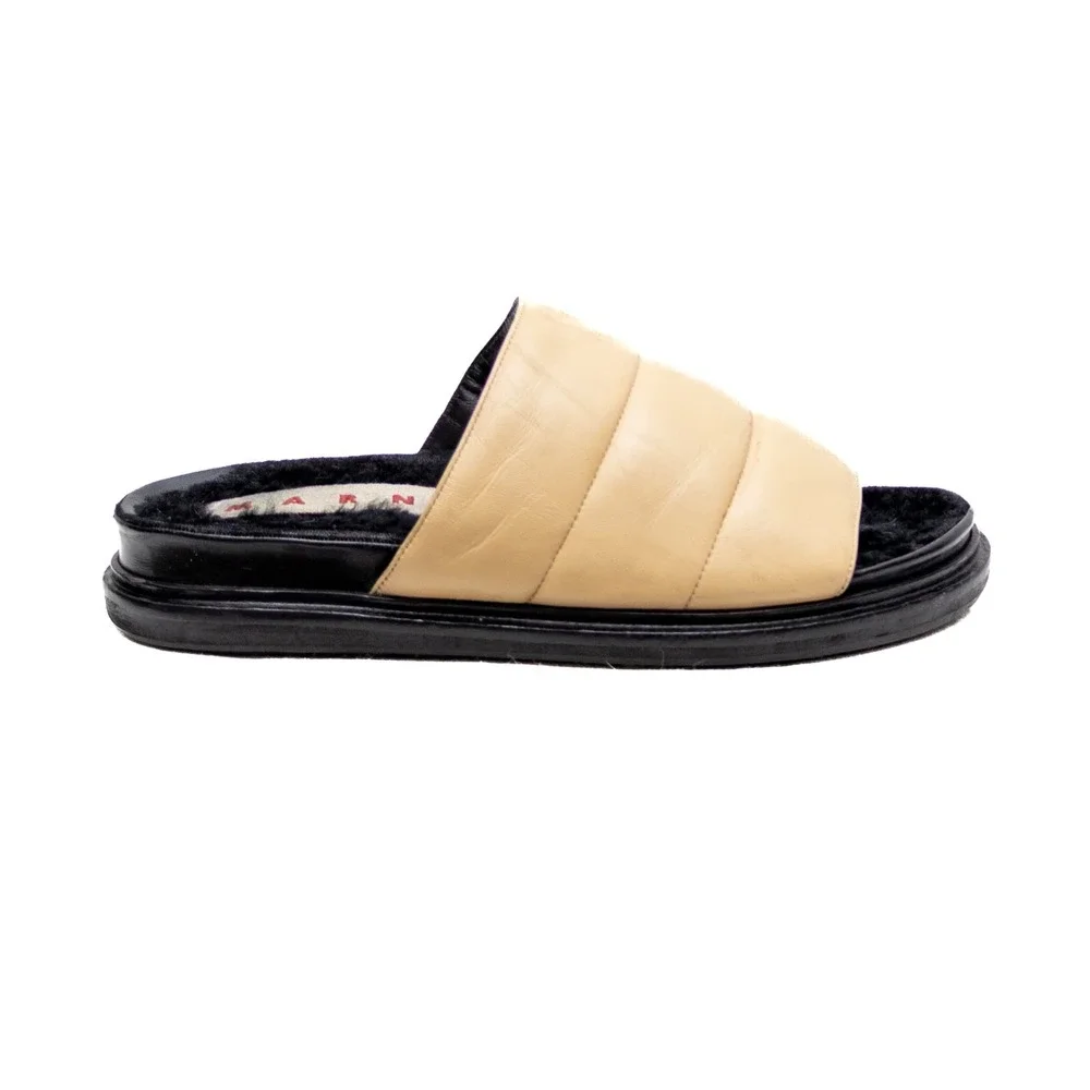 Marni‎ Beige & Black Women's Leather Sheepskin Slides Sandals Sz US 6.5